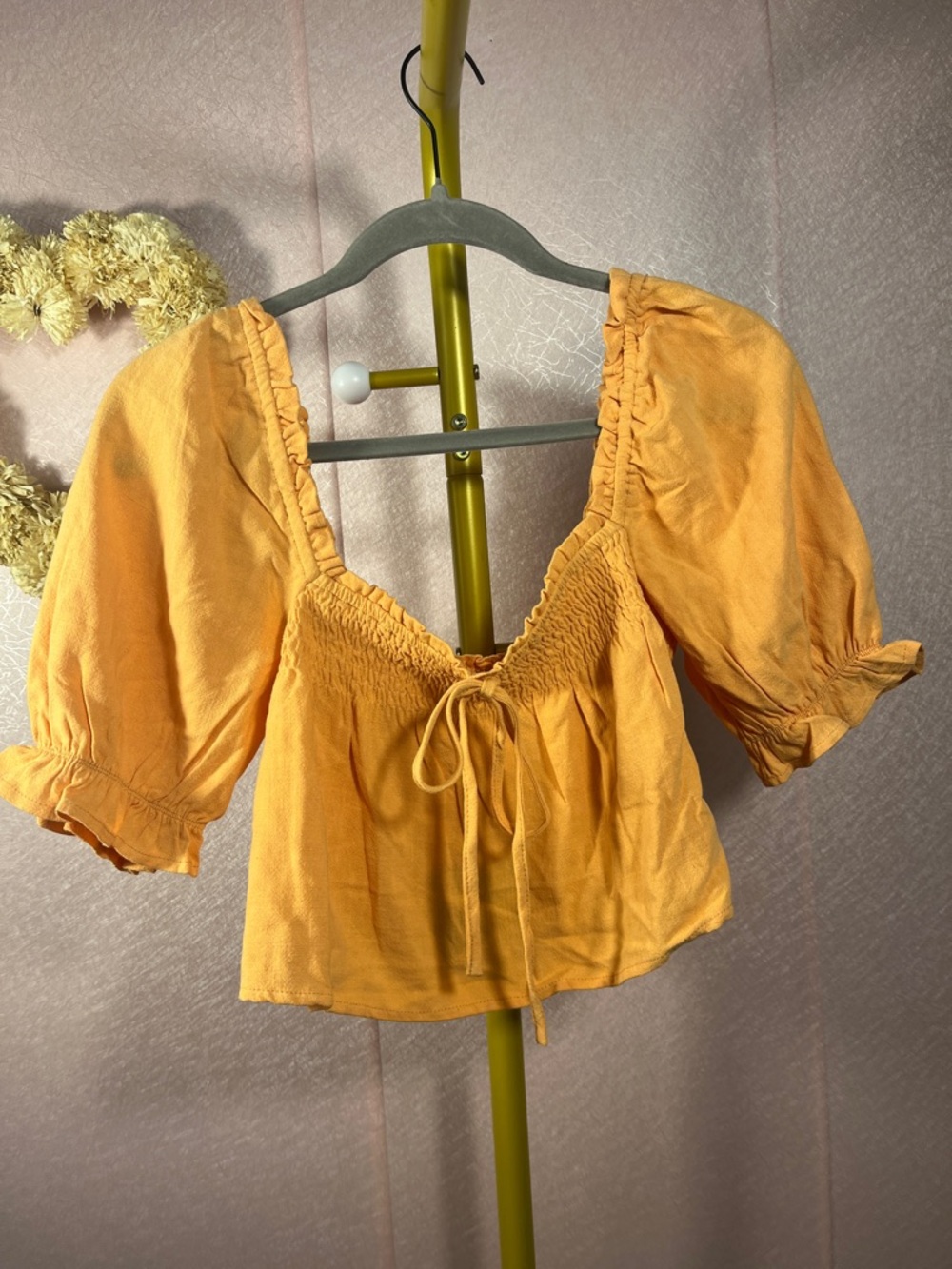 Le Lis Yellow Smocked Tie-Front Crop Top